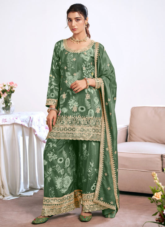 Palazzo Suit Embroidered, Printed, Sequins, Zari Green T8274