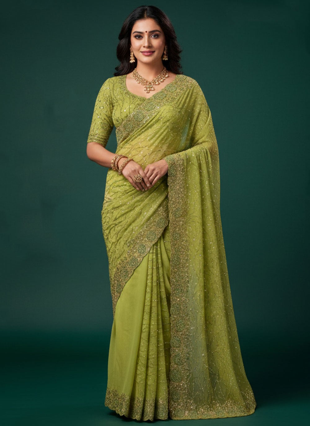 Green Georgette Contemporary Saree Embroidered, Sequins S20245