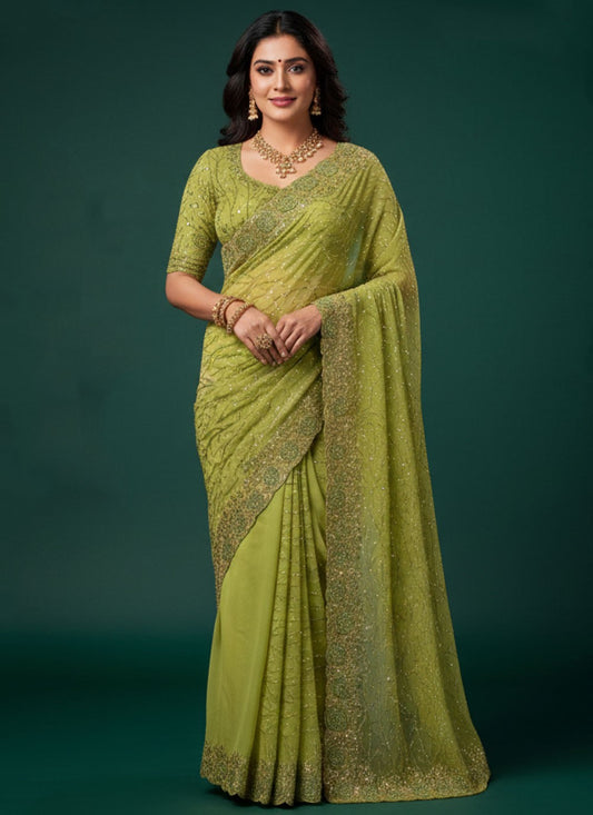 Green Georgette Contemporary Saree Embroidered, Sequins S20245