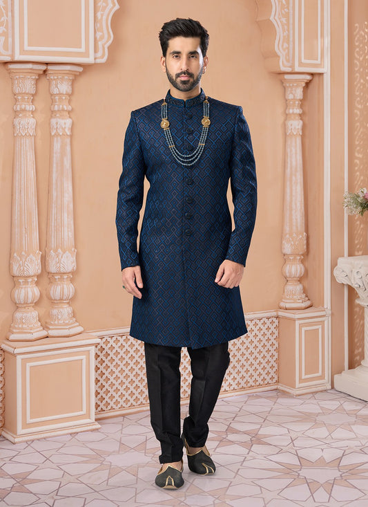 Embroidered Jacquard Blue Indo Western Sherwani - M6908