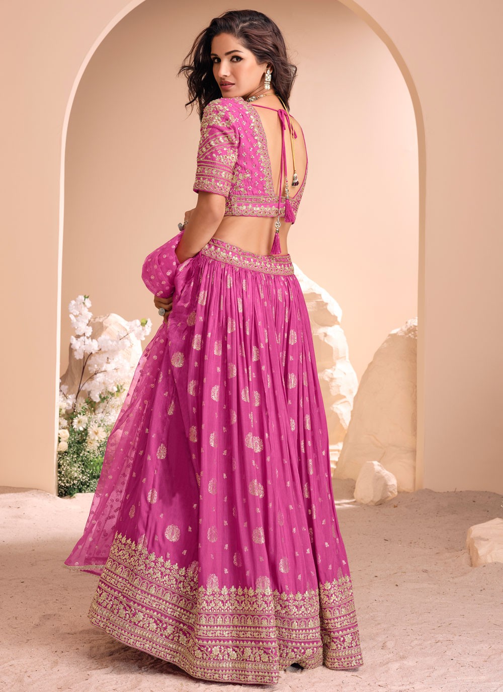 Embroidered Jacquard Silk, Viscose Magenta Lehenga - L3428