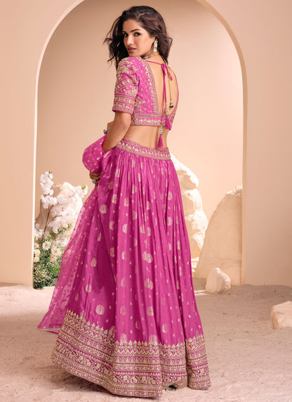 Embroidered Jacquard Silk, Viscose Magenta Lehenga - L3428