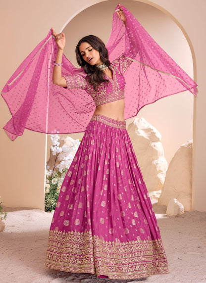 Embroidered Jacquard Silk, Viscose Magenta Lehenga - L3428