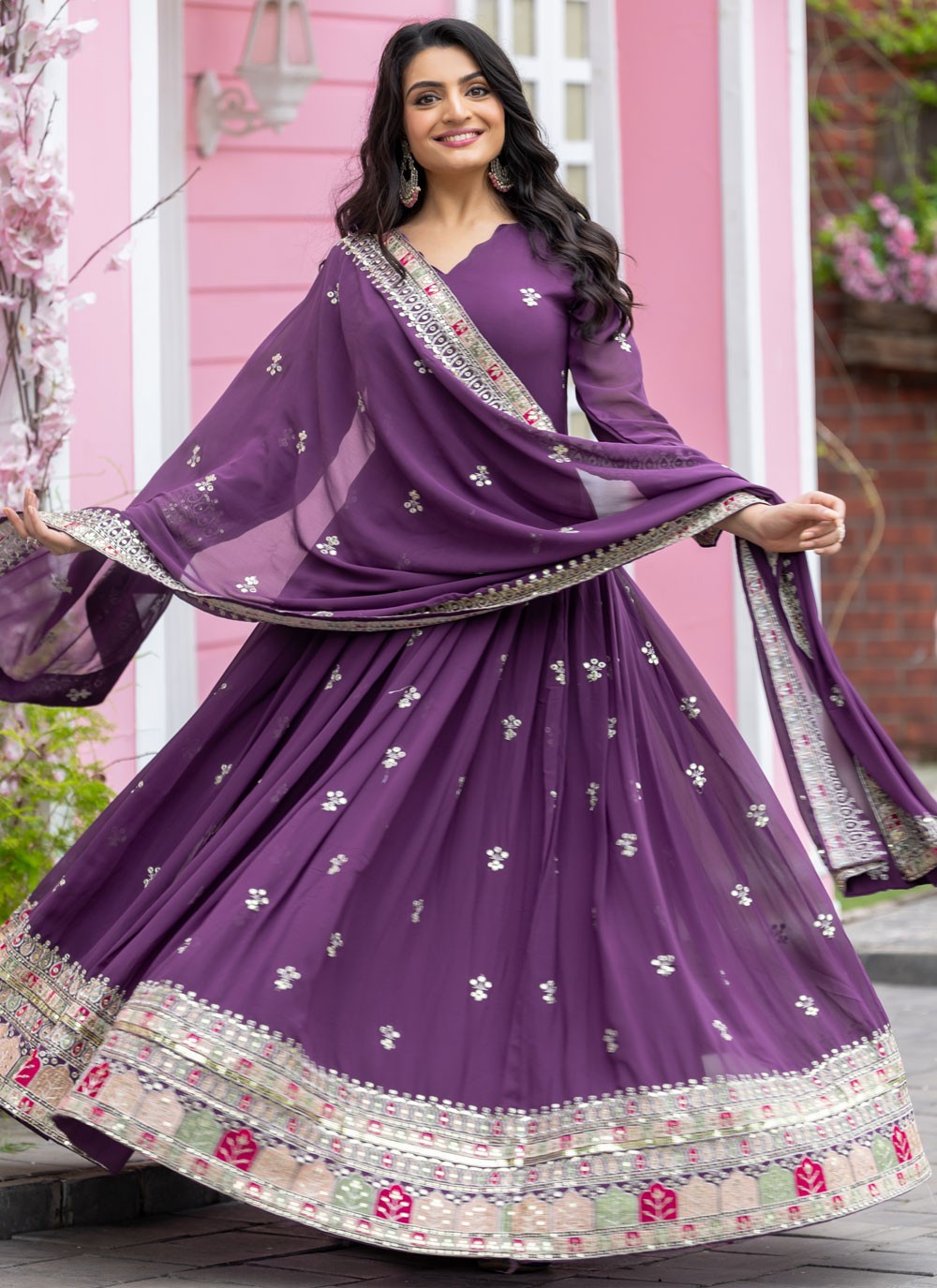 Embroidered Faux Georgette Purple Anarkali T5961