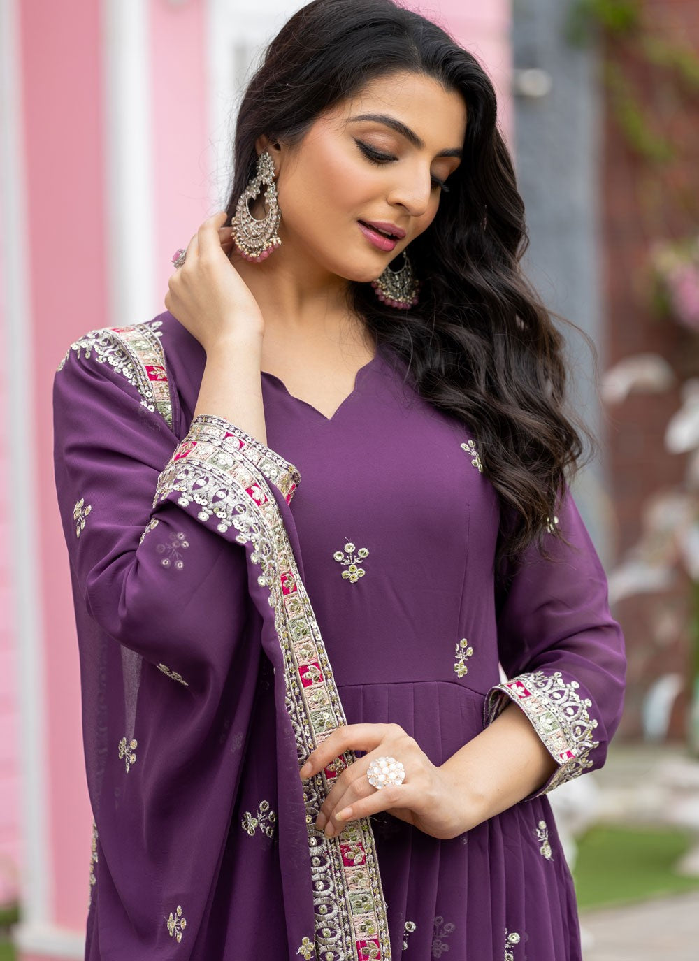 Embroidered Faux Georgette Purple Anarkali T5961
