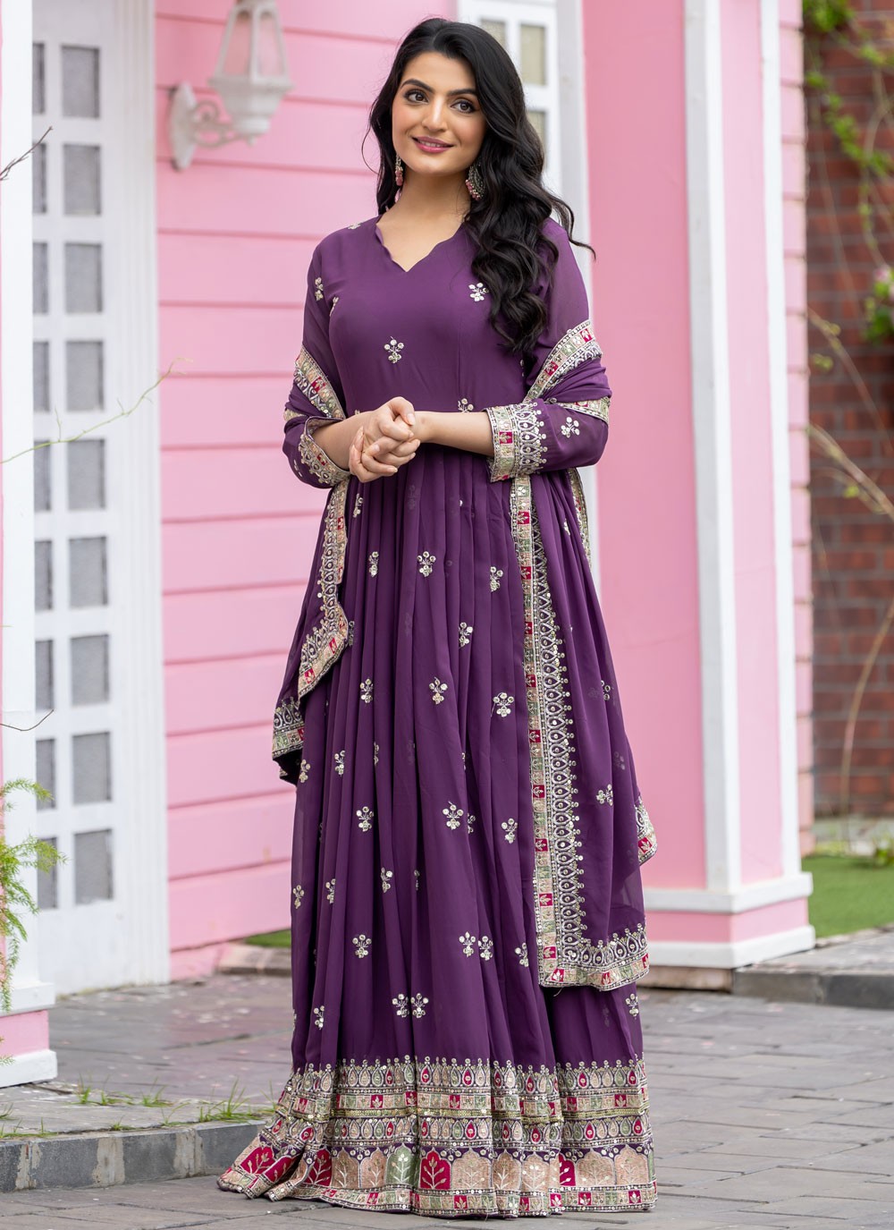 Embroidered Faux Georgette Purple Anarkali T5961
