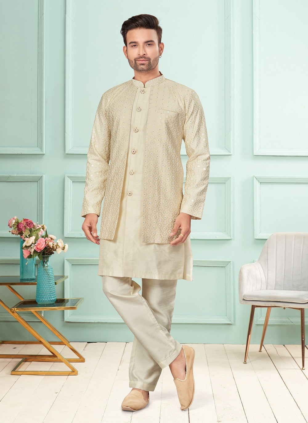 Embroidered Lucknowi Off White Indo Western - M7267