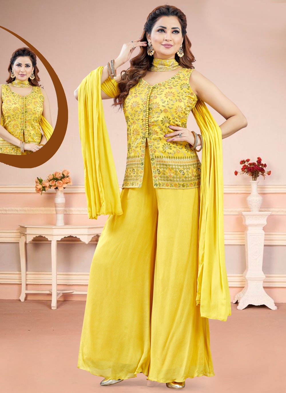 Palazzo Suit Embroidered Yellow Silk T5846