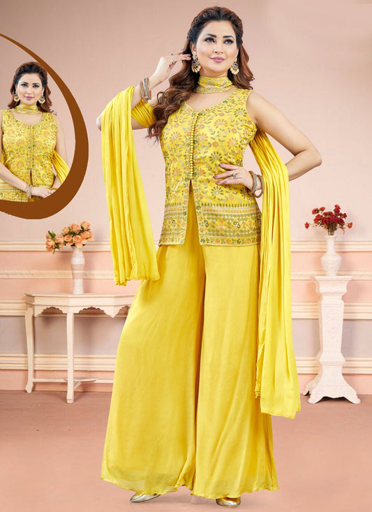 Palazzo Suit Embroidered Yellow Silk T5846