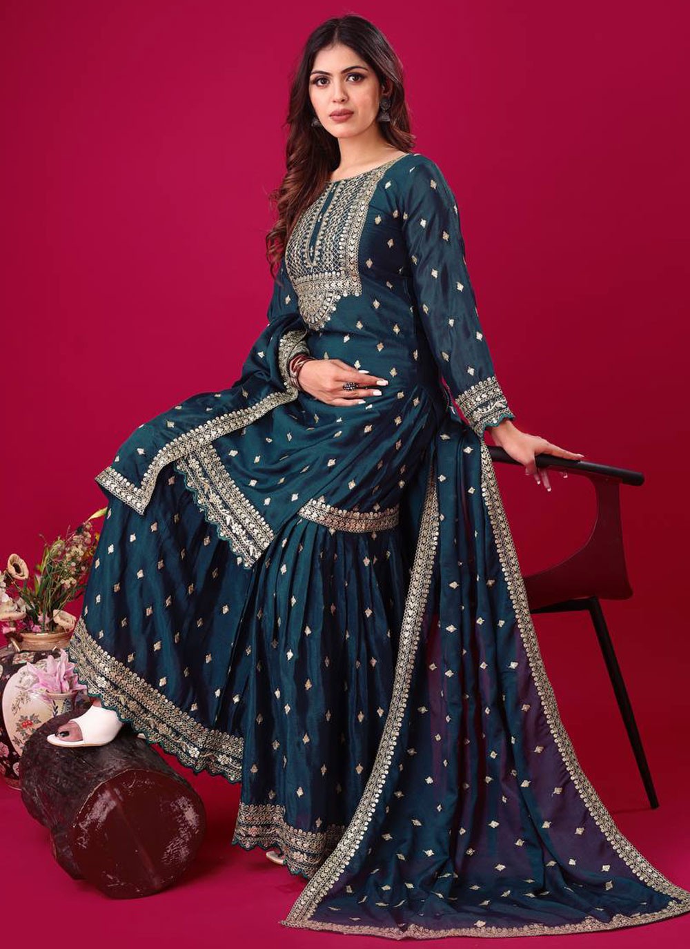 Sharara Suit Embroidered, Sequins, Zari Morpeach T6658