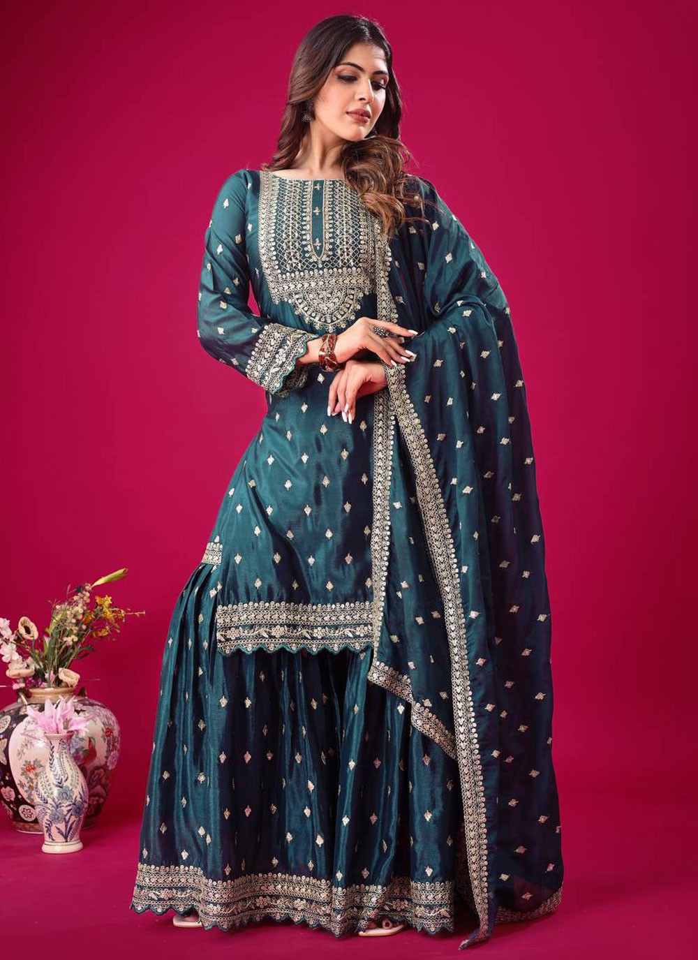 Sharara Suit Embroidered, Sequins, Zari Morpeach T6658