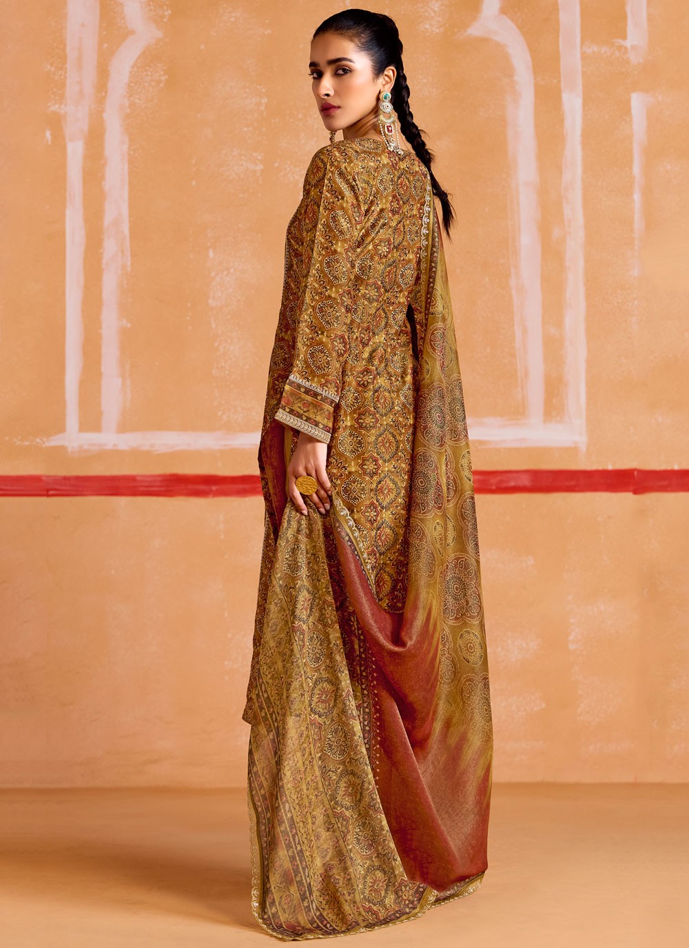 Salwar Suit Digital Print Mustard Muslin T5168