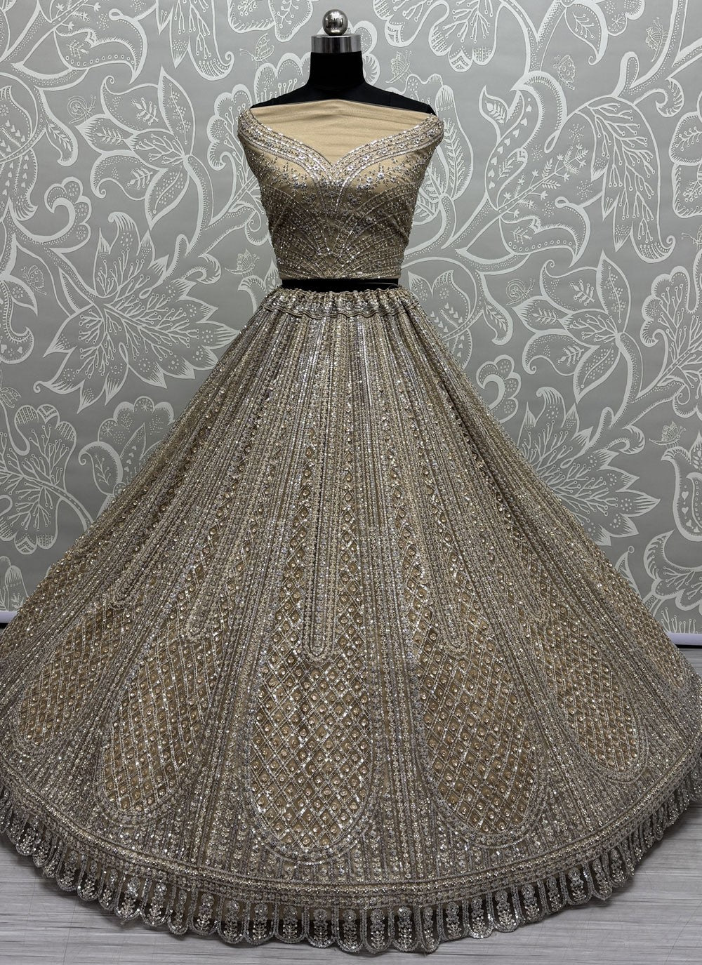Dimond Net Beige, Gold Lehenga - L3336