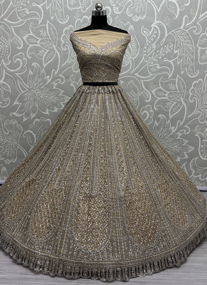 Dimond Net Beige, Gold Lehenga - L3336