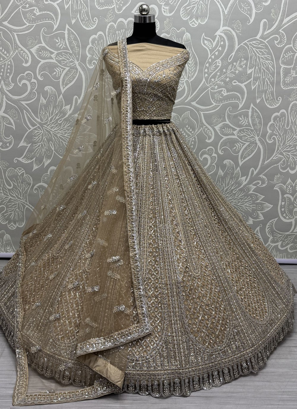Dimond Net Beige, Gold Lehenga - L3336