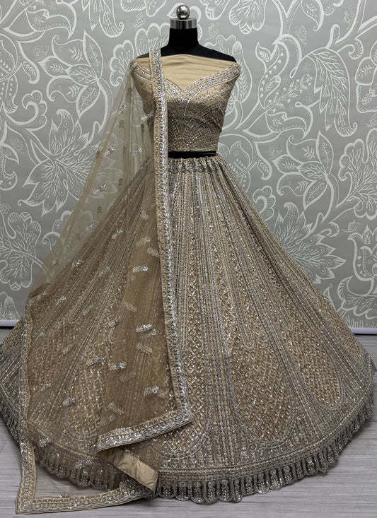 Dimond Net Beige, Gold Lehenga - L3336