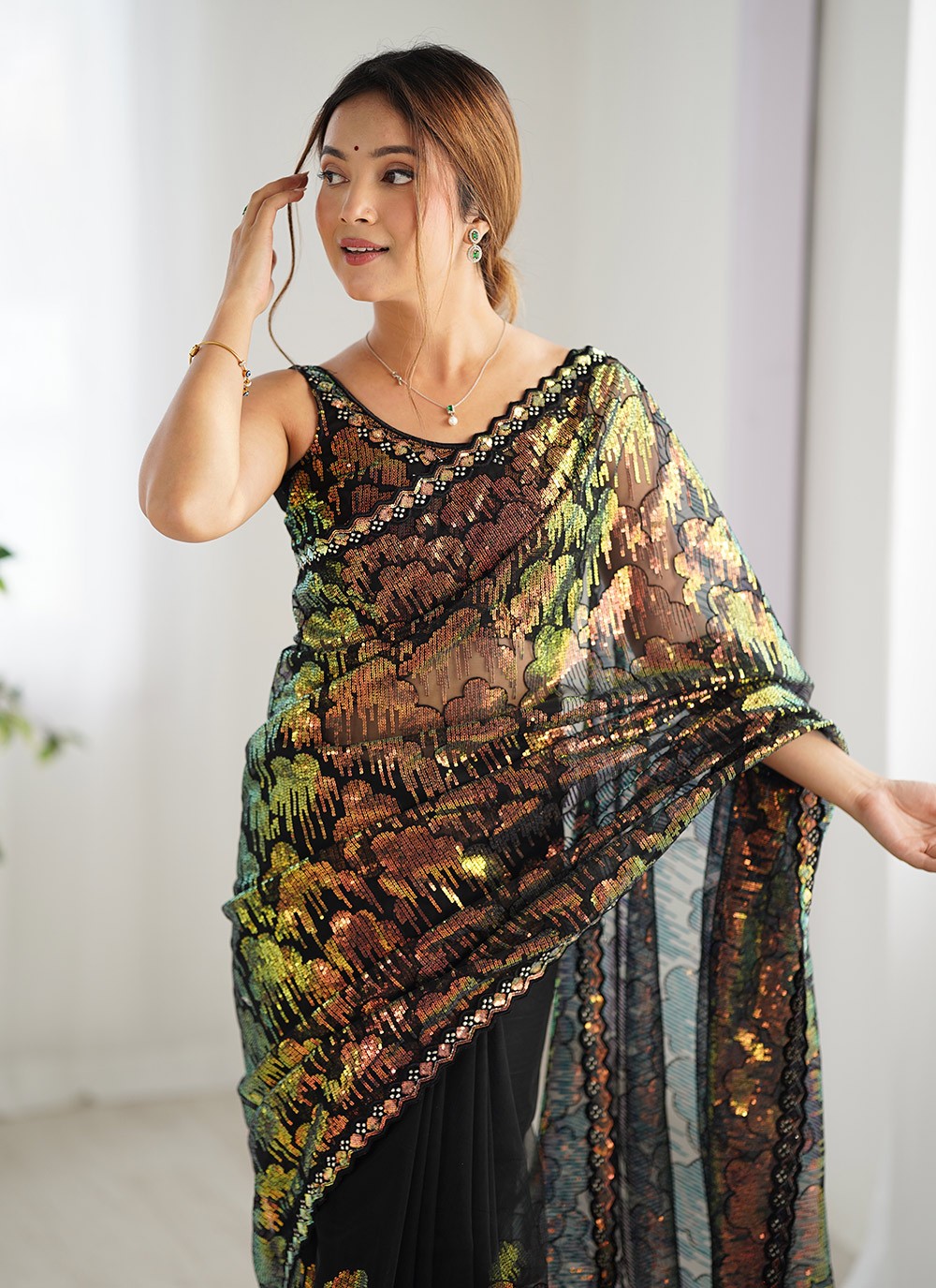 Embroidered, Sequins Net Saree - S11703
