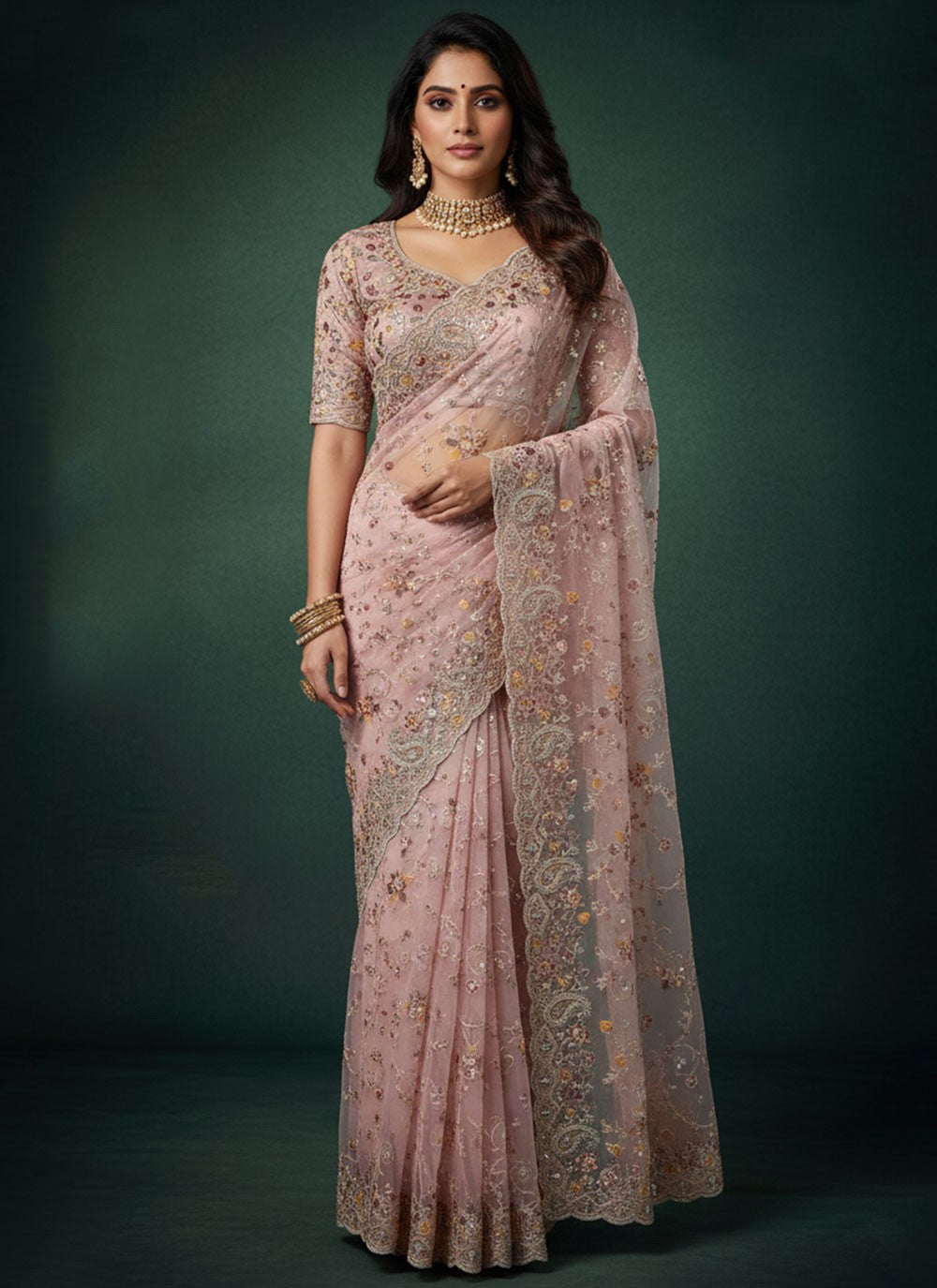 Pink Net Traditional Saree Embroidered, Sequins S20244