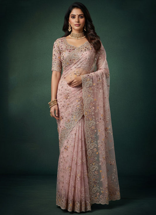 Pink Net Traditional Saree Embroidered, Sequins S20244