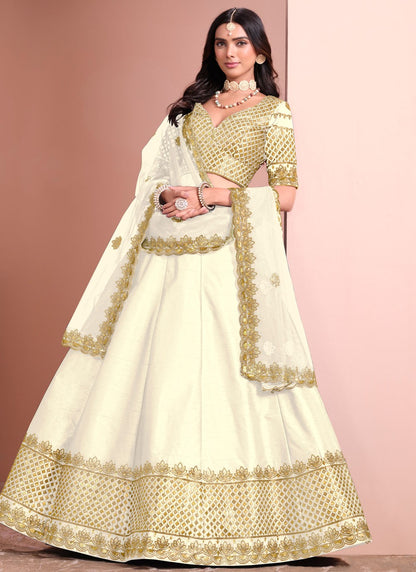 Embroidered Art Silk Off White Lehenga - L3398