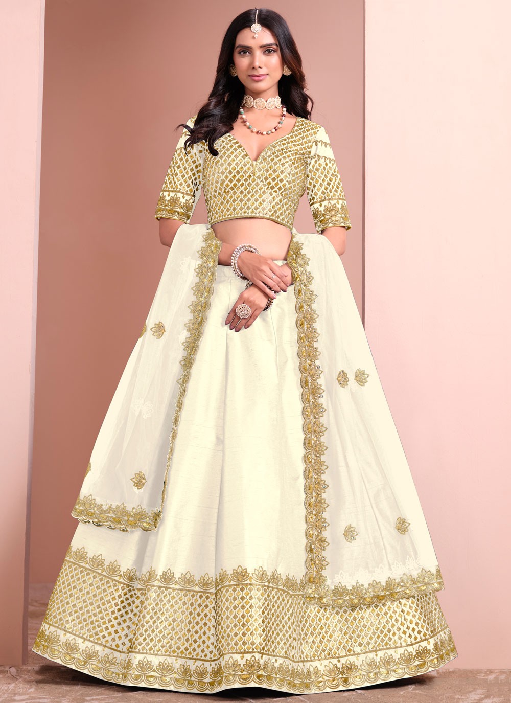 Embroidered Art Silk Off White Lehenga - L3398
