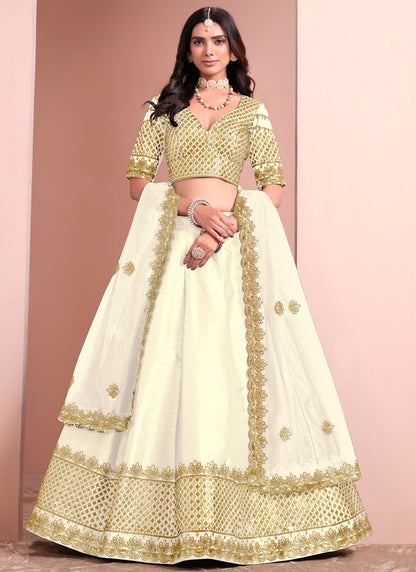 Embroidered Art Silk Off White Lehenga - L3398