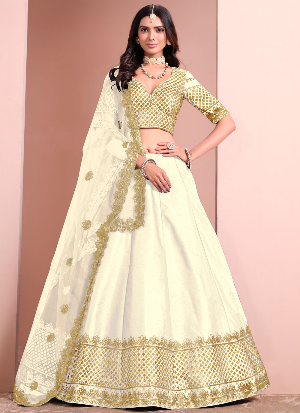 Embroidered Art Silk Off White Lehenga - L3398
