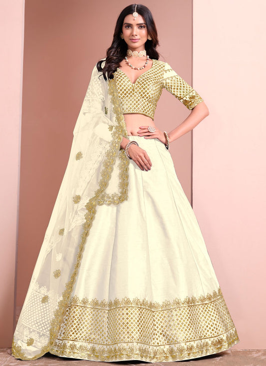 Embroidered Art Silk Off White Lehenga - L3398