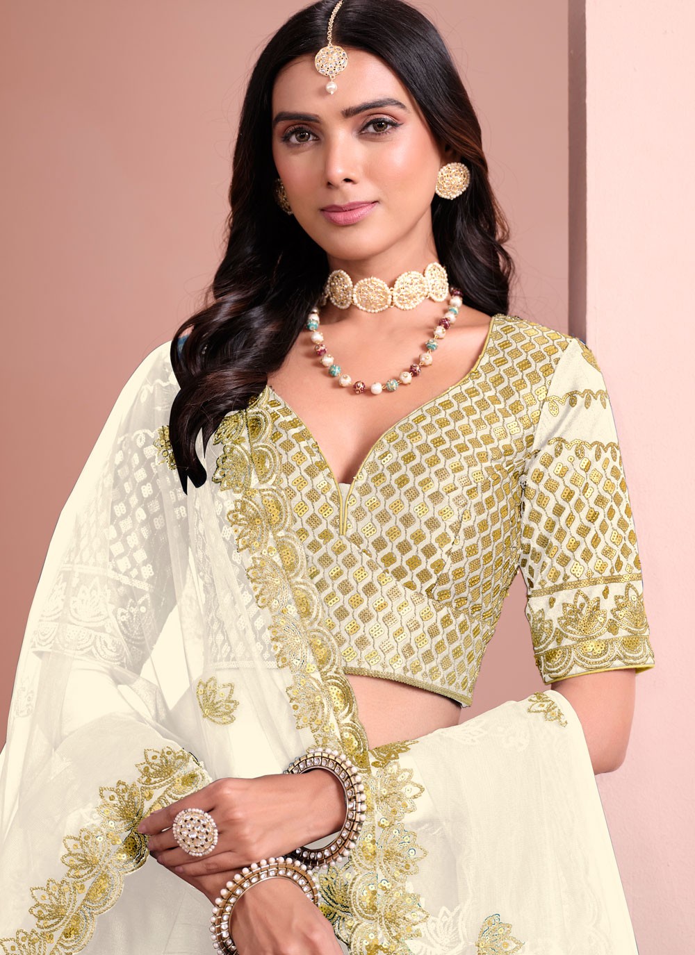 Embroidered Art Silk Off White Lehenga - L3398