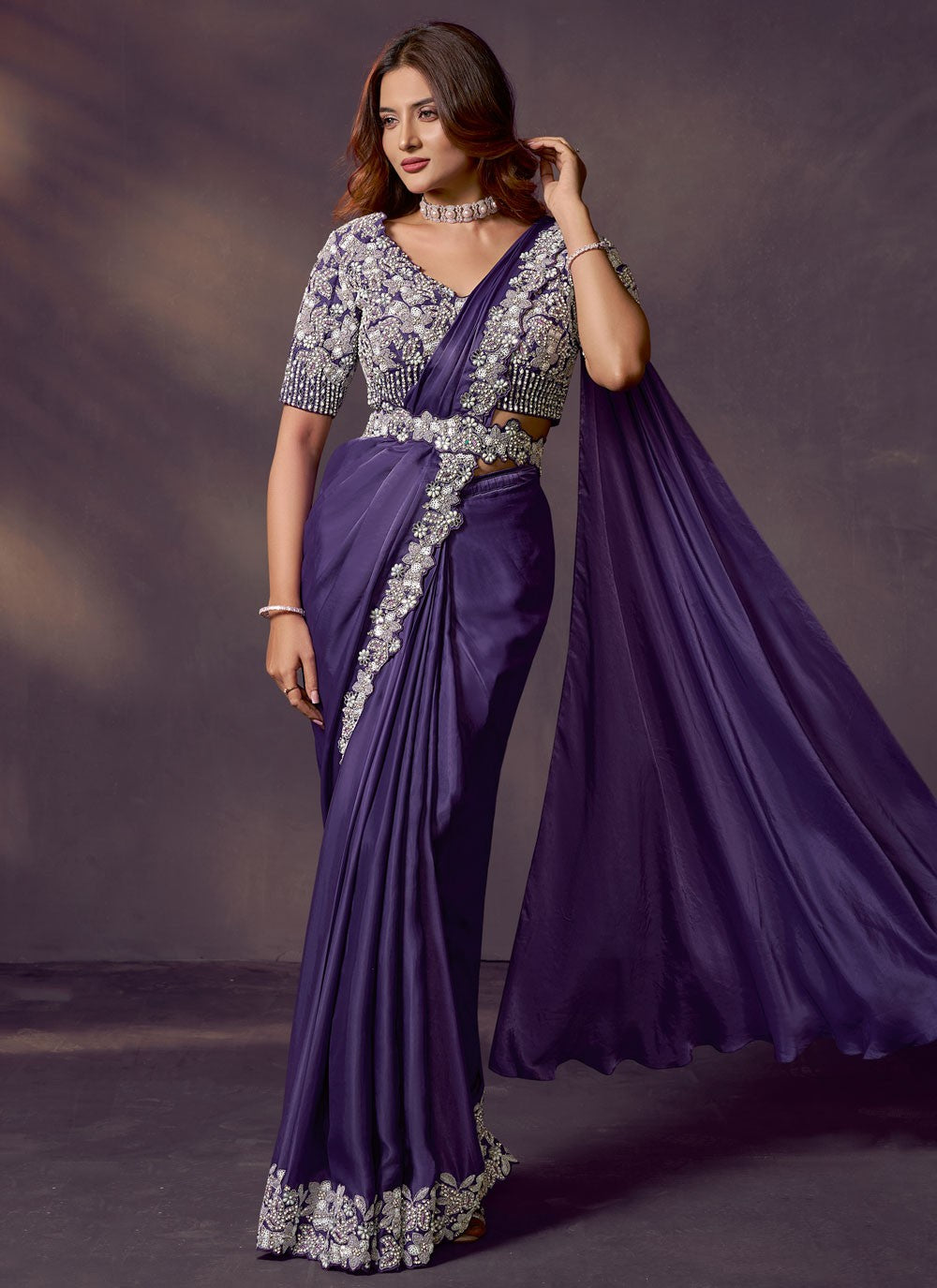 Purple Satin Silk Traditional Saree Embroidered, Pearls, Sequins S20477