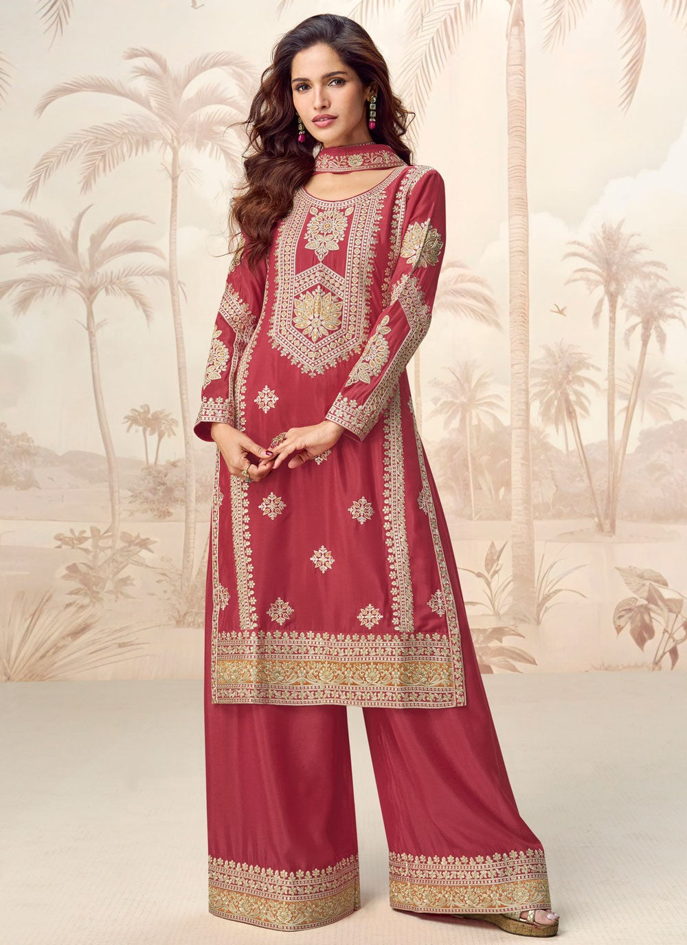 Palazzo Suit Embroidered, Sequins, Zari Pink T7933