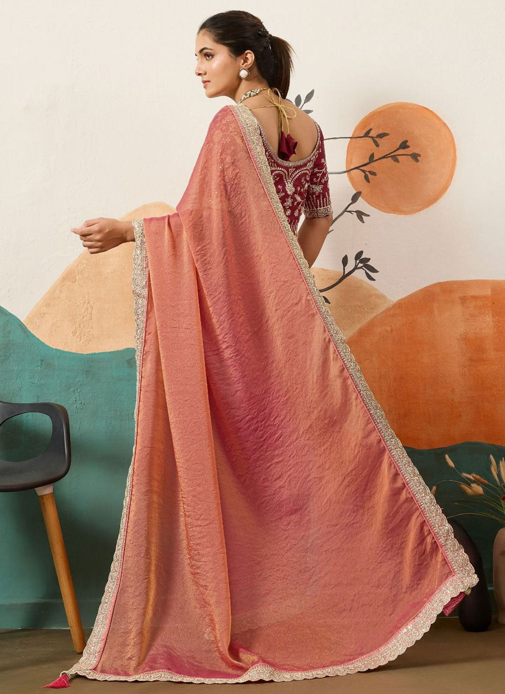 Pink Silk Trendy Saree Border Work, Cord, Sequins S20438