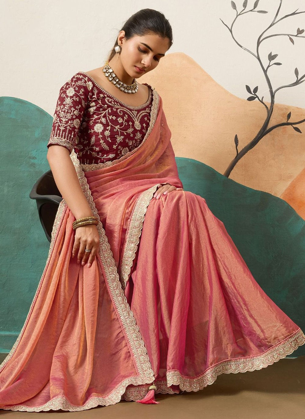 Pink Silk Trendy Saree Border Work, Cord, Sequins S20438