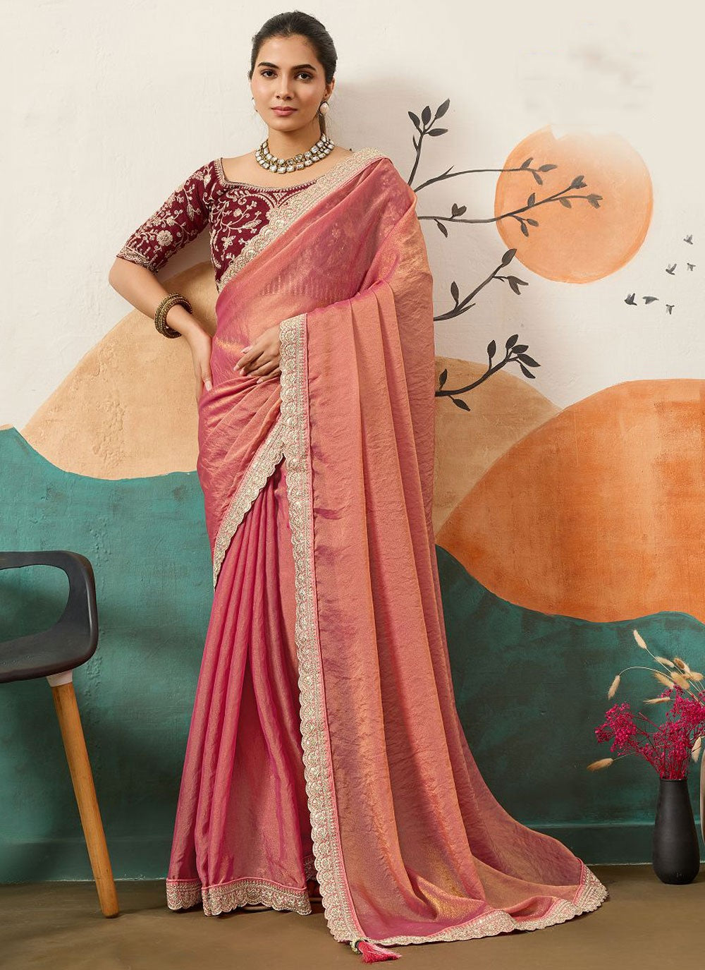 Pink Silk Trendy Saree Border Work, Cord, Sequins S20438