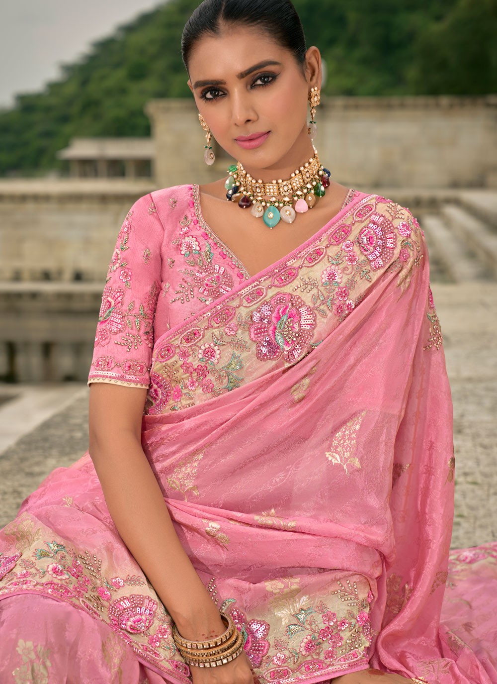 Embroidered Jacquard Pink Saree S14808
