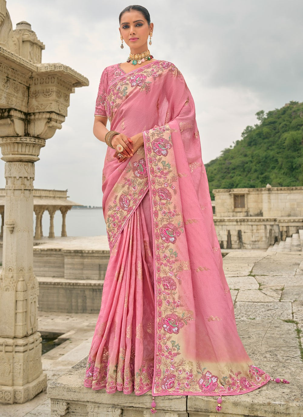 Embroidered Jacquard Pink Saree S14808