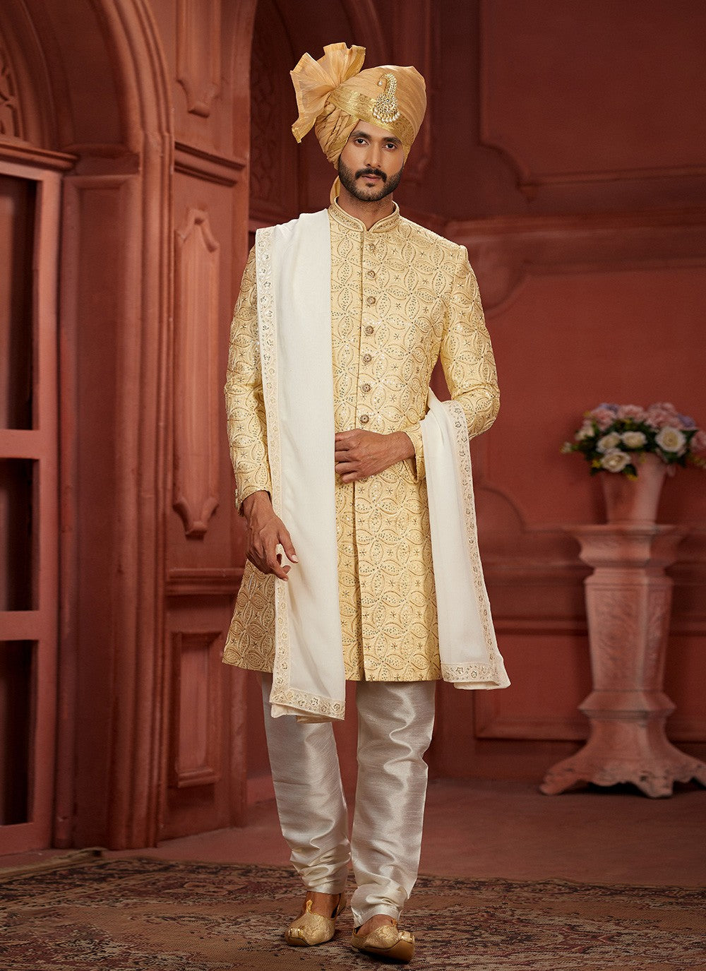 Embroidered Pure Silk Mustard Sherwani - M7383