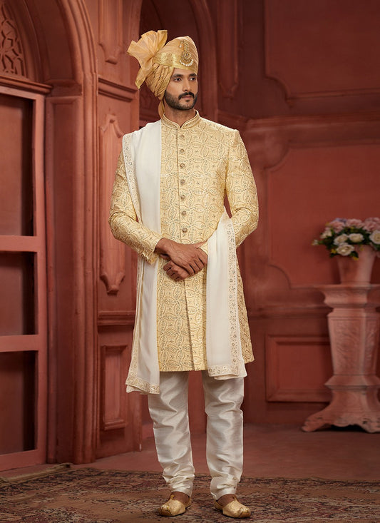 Embroidered Pure Silk Mustard Sherwani - M7383