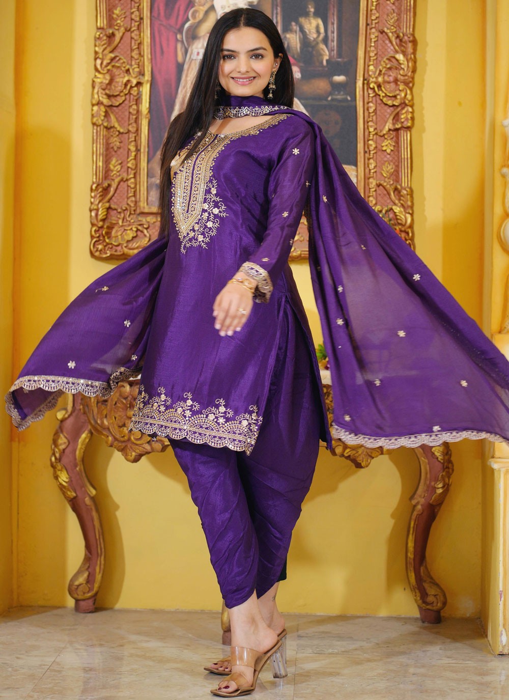 Salwar Suit Embroidered Purple Chinon T5316
