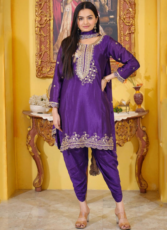 Salwar Suit Embroidered Purple Chinon T5316