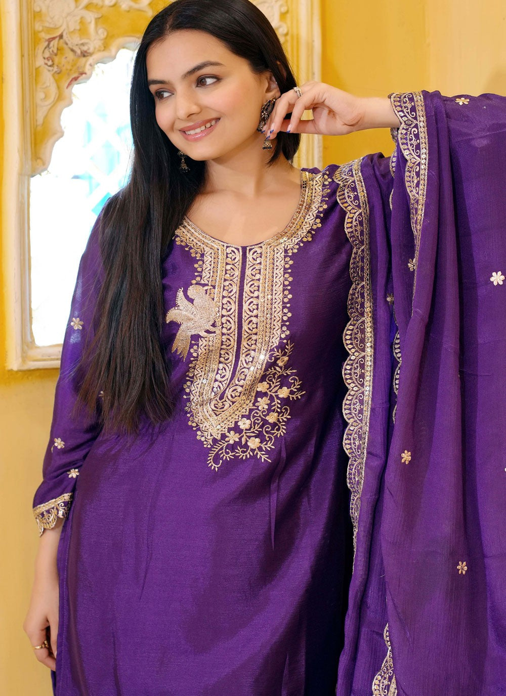 Salwar Suit Embroidered Purple Chinon T5316