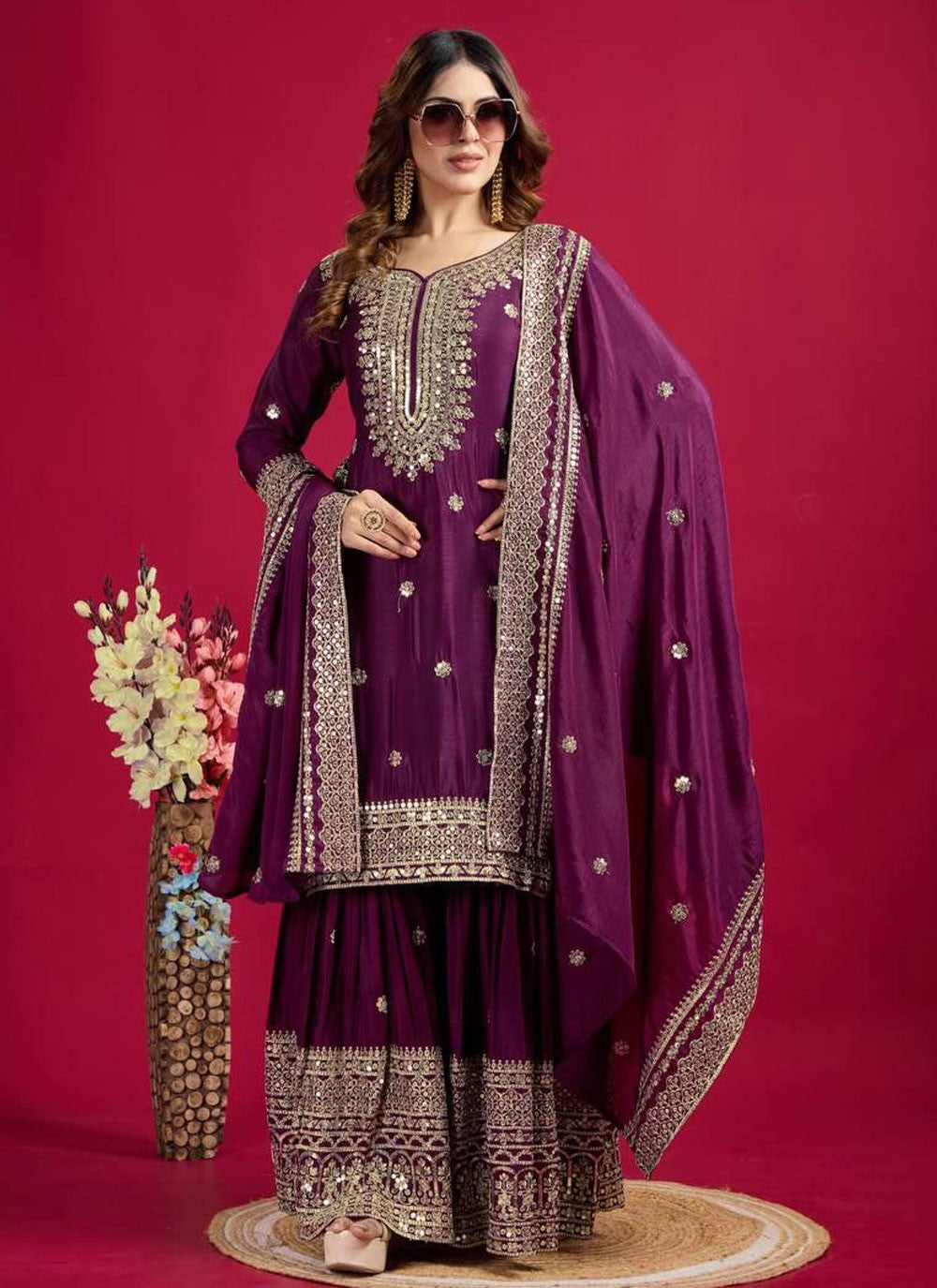 Salwar Suit Embroidered Purple Chinon T5890