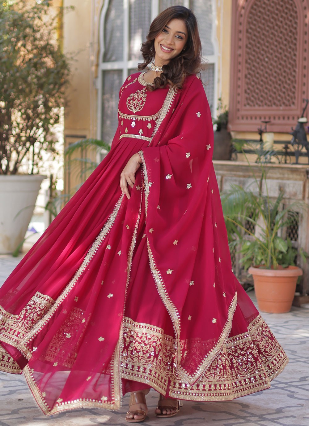 Embroidered Faux Georgette Hot Pink Gown G1972