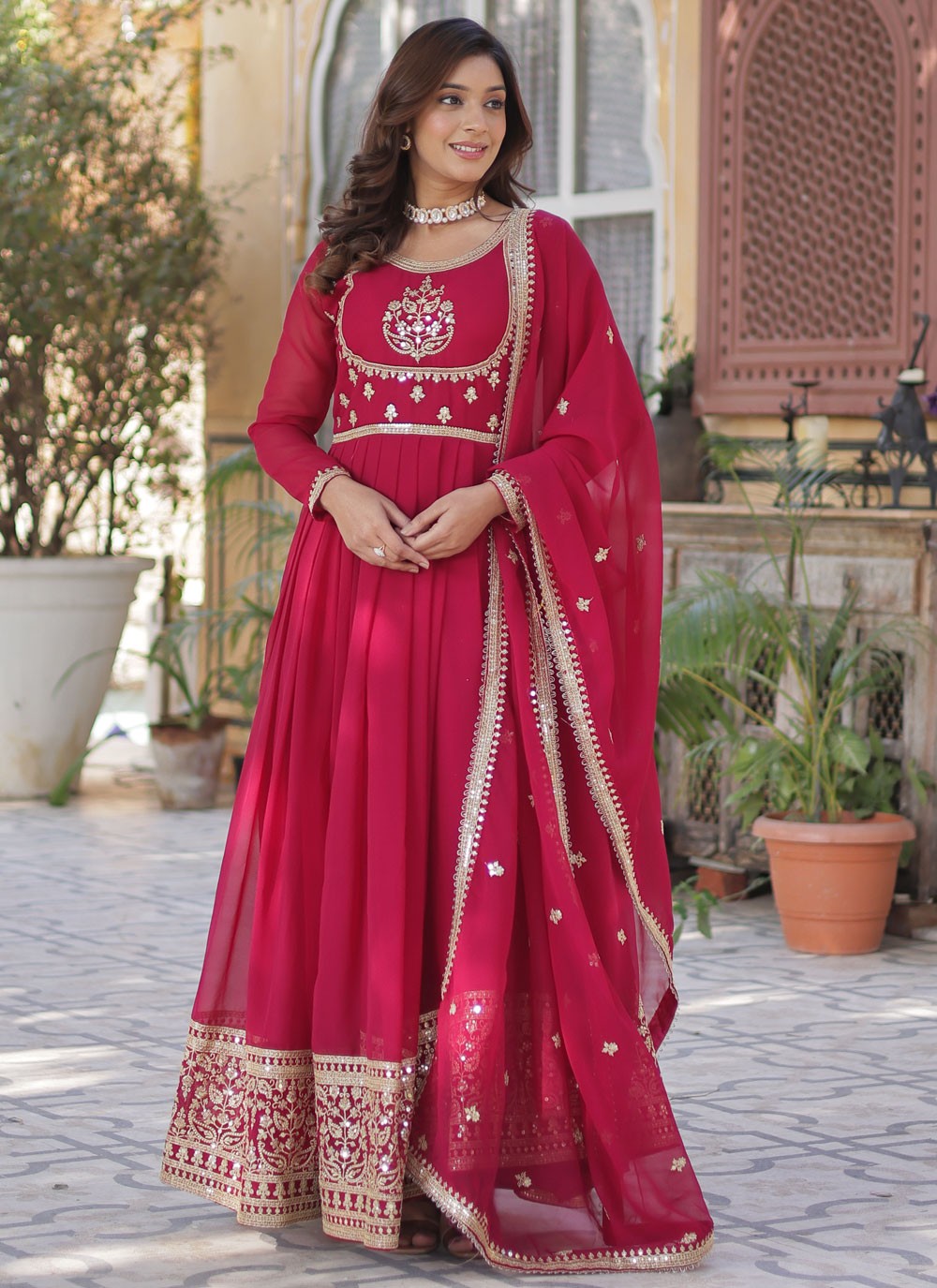 Embroidered Faux Georgette Hot Pink Gown G1972