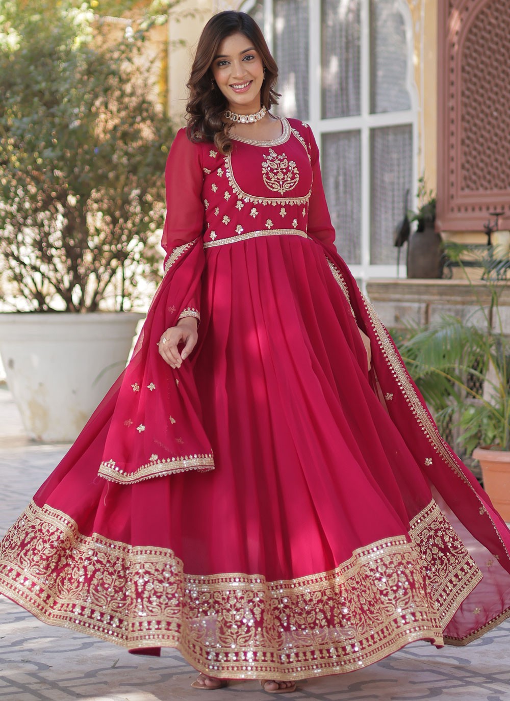 Embroidered Faux Georgette Hot Pink Gown G1972