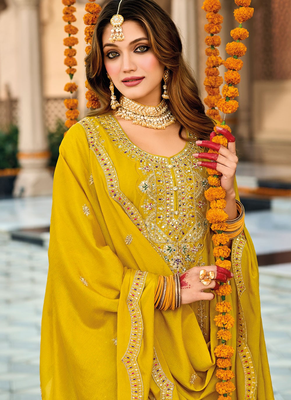 Pant Style Suit Embroidered, Sequins, Zari Yellow T7705