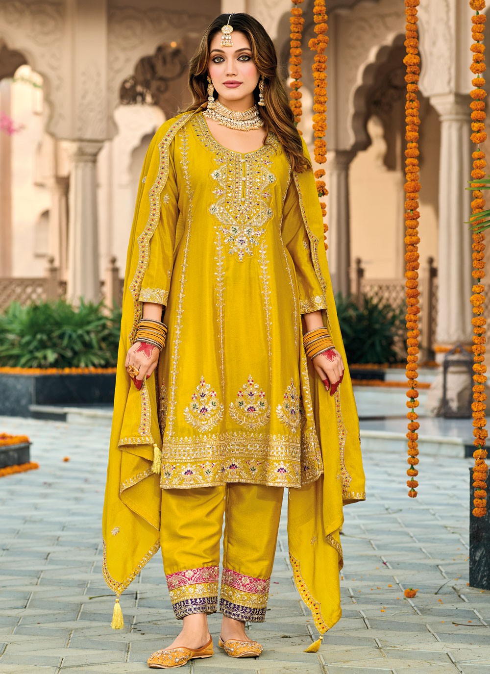 Pant Style Suit Embroidered, Sequins, Zari Yellow T7705