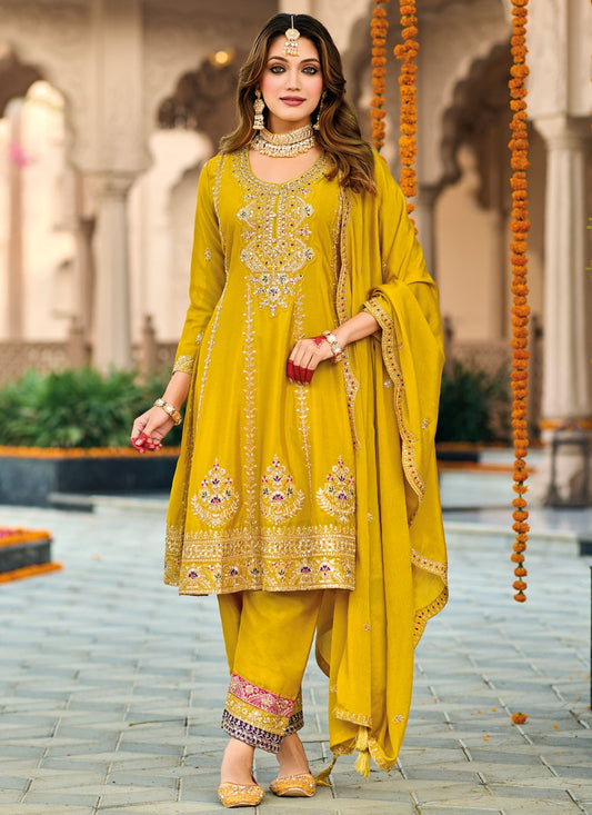 Pant Style Suit Embroidered, Sequins, Zari Yellow T7705