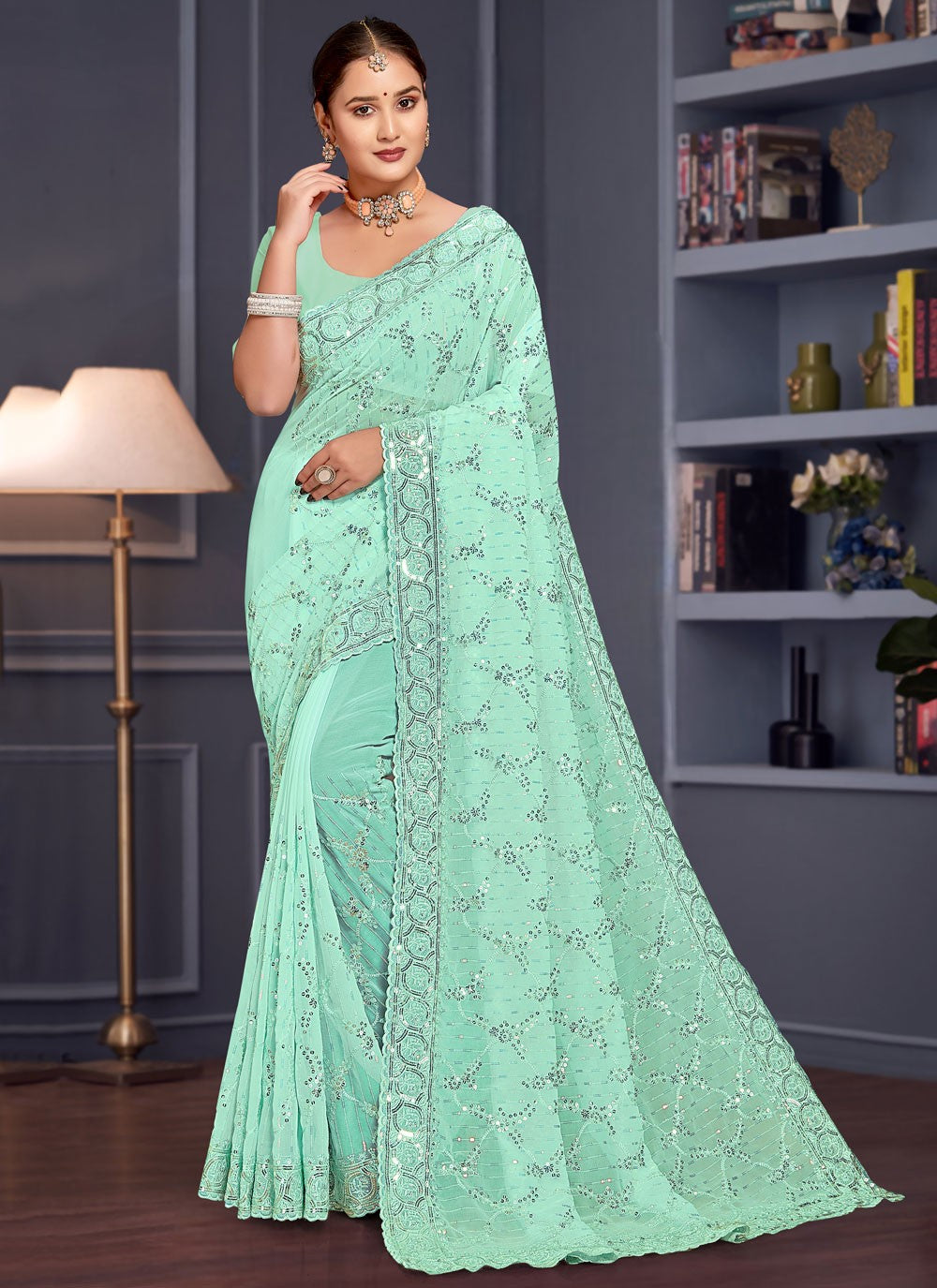 Embroidered Georgette Firozi Saree S14660