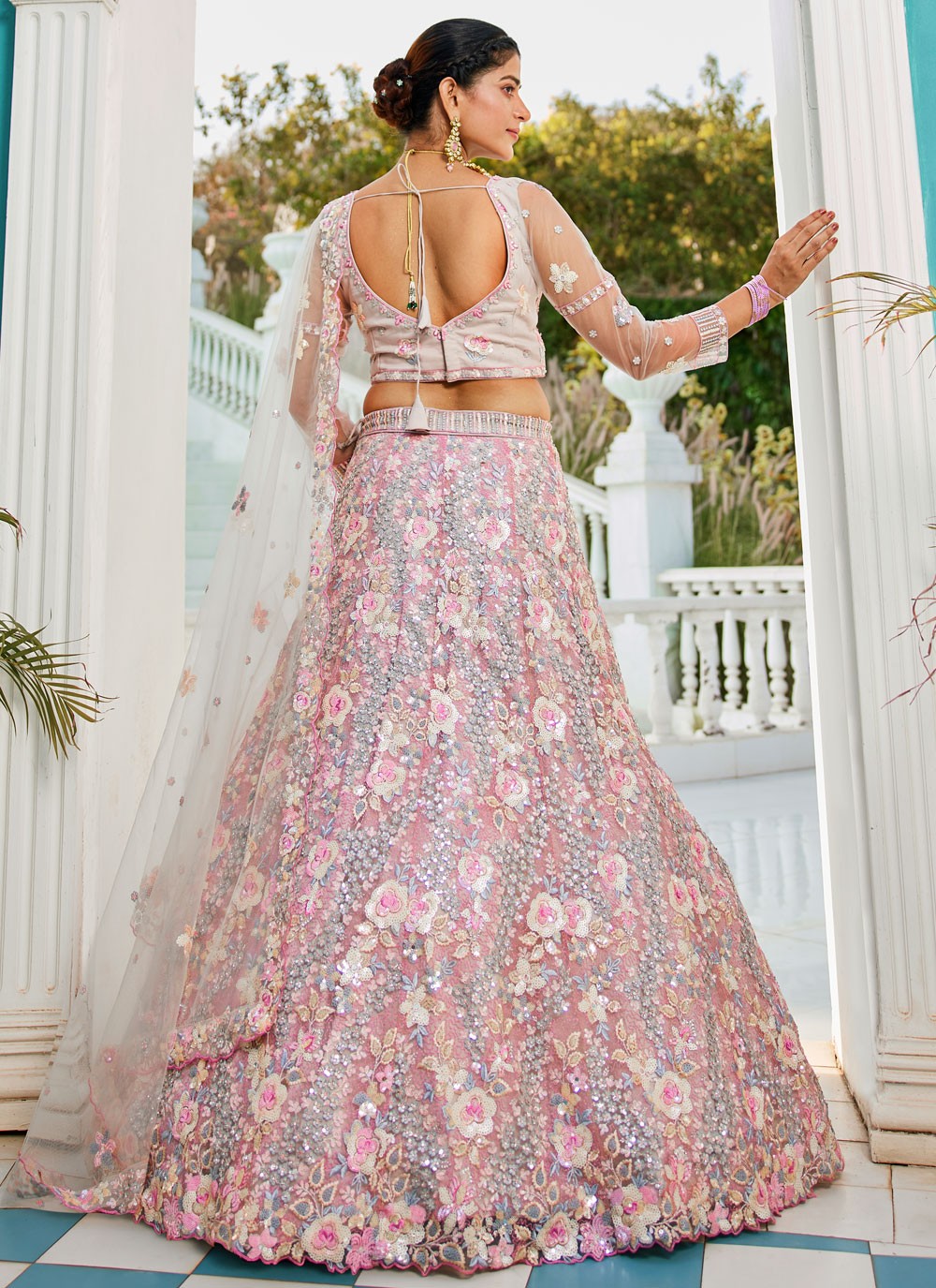 Embroidered Tissue Grey Lehenga - L3357